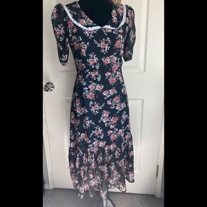 Black Floral Midi Chiffon puff sleeve dress